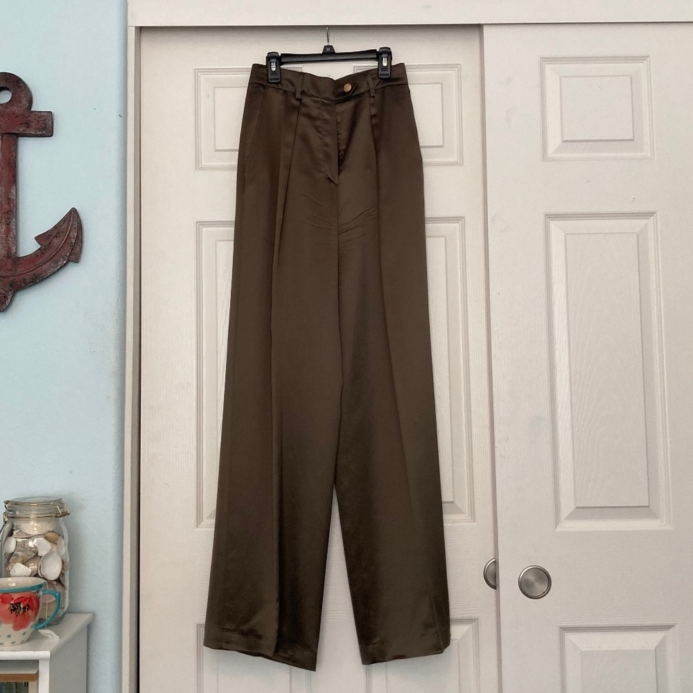 Vintage Escada High Waisted Green Gold 100% Silk Trouser Pants